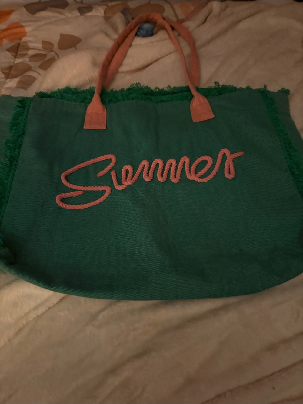 Summer Script Green Tote Bag with Pink Accents